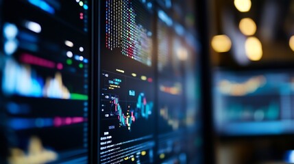 Fototapete - Close-up view of multiple computer screens displaying dynamic stock market data, graphs, and numerical information, illuminated in a dark room with blurred bokeh lights in the backgrou : Generative AI