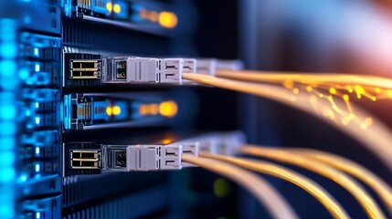 Poster - Close-up view of fiber optic cables connected to a server rack, showcasing the intricate details of data transfer technology. : Generative AI