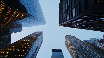 Poster - Low angle view of four skyscrapers reaching towards a pale blue sky, showcasing modern architecture and urban development. : Generative AI