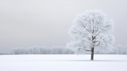 Poster - Single frost-covered tree stands in a snowy field, winter landscape with a pale sky and distant line of trees. : Generative AI