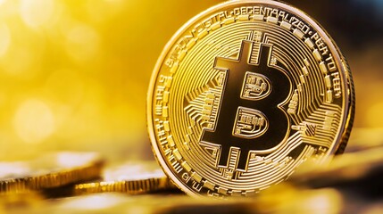 Leinwandbilder - Close-up view of a single gold bitcoin cryptocurrency coin, resting on a pile of similar coins, with a warm, golden, bokeh background. : Generative AI