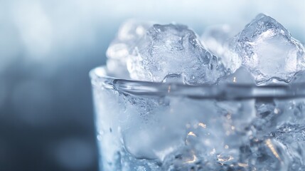 Poster - Close-up view of ice cubes in a glass, showcasing their translucent texture and crystalline structure.  The cool, refreshing image evokes a sense of purity and coolness. : Generative AI