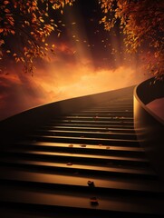 Wall Mural - serene autumn staircase leading to a radiant sunset with falling leaves and warm light