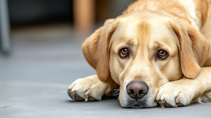 Poster - A golden labrador retriever rests its head on its paws, gazing intently with soulful brown eyes.  The dog's fur is a light, creamy gold, and its expression is one of gentle sadness. : Generative AI