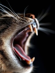 Aufkleber - Close-up of a yawning tabby cat, showcasing its teeth, pink tongue, and whiskers against a dark background.  The image emphasizes texture and detail of the cat's fur. : Generative AI