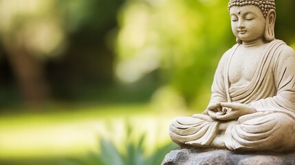 Poster - Serene Buddha statue meditating outdoors, peaceful garden setting.  Cream-colored stone figure in a lotus position, showcasing tranquility and spiritual contemplation. : Generative AI