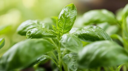 Aufkleber - Close-up view of vibrant green basil plant leaves, showcasing their texture and natural growth.  The image evokes freshness and the essence of healthy herbs. : Generative AI