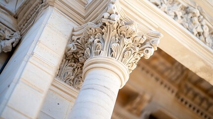 Aufkleber - Close-up view of an ornate, classical column capital, showcasing intricate carvings and architectural details in creamy white stone. : Generative AI