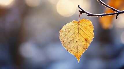 Aufkleber - Single frosted autumn leaf hanging from a branch, backlit by sunlight, creating a serene and peaceful autumnal scene. : Generative AI
