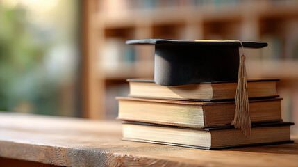 Poster - Graduation cap rests atop a stack of old, leather-bound books, bathed in warm sunlight, suggesting academic achievement and the pursuit of knowledge.