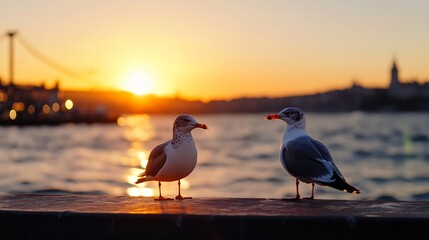 Poster - Two seagulls perched on a wall at sunset, overlooking a calm sea with a blurred cityscape in the background. Golden hour light illuminates the scene. : Generative AI