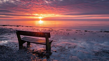 Poster - Solitary bench on a tranquil beach at sunrise, bathed in warm, orange and pink hues reflecting on the wet sand, a peaceful seascape. : Generative AI