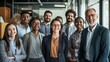 © peerawat - A group of young and experienced business professionals from diverse backgrounds, smiling together in the office, with an older executive leader at the forefront, captured in a positive