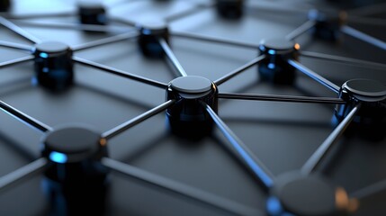Fototapete - Abstract network connection visualization: a 3D render of glossy black nodes interconnected by sleek metallic bars, creating a complex web-like structure. : Generative AI