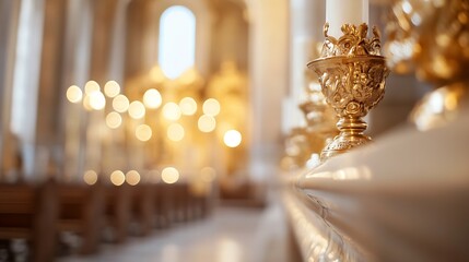 Aufkleber - Close-up of ornate golden candle holder in a church, with blurred background of pews and soft lighting creating a serene atmosphere. : Generative AI