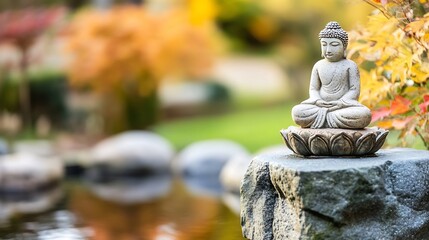 Poster - Serene Buddha statue meditates atop a rock, overlooking a tranquil pond surrounded by autumnal foliage.  The peaceful scene evokes calmness and spiritual reflection. : Generative AI