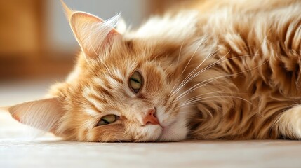 Poster - Close-up portrait of a ginger Maine Coon cat lying down, showcasing its luxurious fur and expressive green eyes. The cat's relaxed posture and soft fur create a peaceful and serene atm : Generative AI