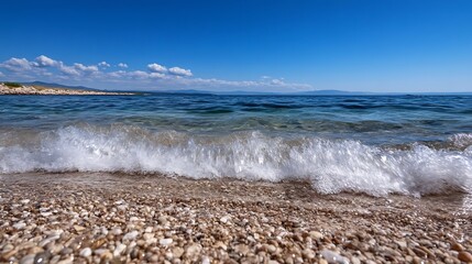 Aufkleber - A gentle wave rolls onto a pebble beach, the clear water revealing the smooth stones beneath.  A distant shoreline and a bright blue sky complete this serene coastal scene. : Generative AI