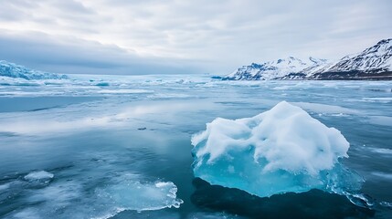 Aufkleber - A large iceberg floats in a glacial lagoon, its translucent blue ice contrasting with the snow-covered mountains and overcast sky.  The calm water reflects the icy landscape. : Generative AI