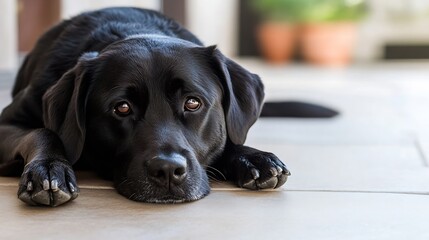 Poster - A black labrador retriever dog rests on a light beige tile floor, its soulful brown eyes gazing forward with a pensive expression.  The dog's fur is sleek and dark, and its paws are ne : Generative AI