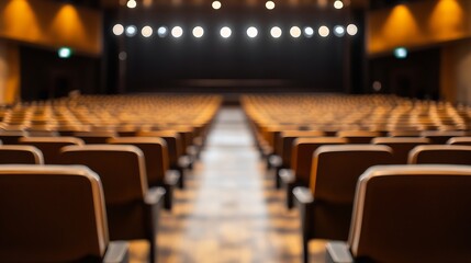 Aufkleber - Empty auditorium with rows of brown seats and a dark stage, illuminated by soft spotlights above, creating a calm and quiet atmosphere. : Generative AI