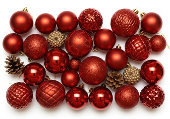 Wall Mural - Arrangement of red christmas ornaments and pine cones on a white background for holiday decoration