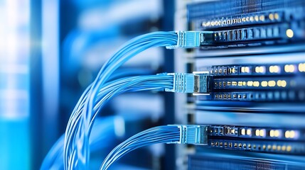 Aufkleber - Close-up view of blue fiber optic cables connected to a network server rack, showcasing technology and connectivity. : Generative AI
