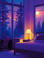 Wall Mural - cozy bedroom at twilight with a glowing lamp, mountain view, and serene atmosphere