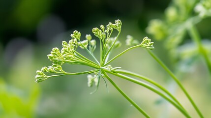 Poster - Close-up of a vibrant green plant's delicate flower buds, showcasing intricate details and natural textures.  The shallow depth of field emphasizes the central stem and blossoms. : Generative AI