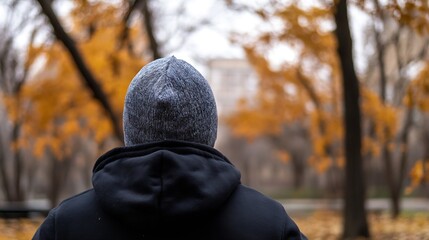Aufkleber - Person wearing a gray knit beanie and black hoodie, standing with their back to the camera in an autumn park, blurred yellow leaves in the background. : Generative AI