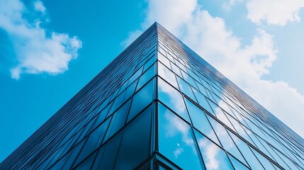Poster - Modern glass skyscraper reflecting blue sky and clouds, low angle view showcasing architectural design and urban landscape. : Generative AI