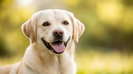 Poster - Happy golden retriever dog portrait, outdoors in a sunny park setting.  The canine's joyful expression and soft fur are highlighted against a blurred green background. : Generative AI