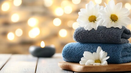 Aufkleber - Spa treatment concept: two blue towels stacked on wooden board, adorned with white daisies, candlelight bokeh background. : Generative AI