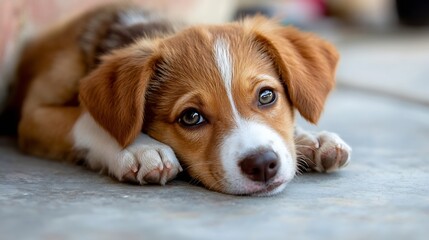 Poster - Adorable brown and white puppy resting on a gray surface, showing its paws and expressive eyes.  A heartwarming image of canine innocence and tranquility. : Generative AI