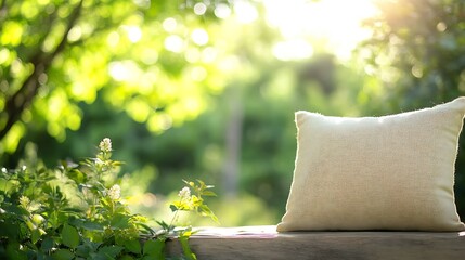 Poster - Beige cushion rests on wooden bench, bathed in sunlight, surrounded by lush green foliage and delicate white flowers. Serene garden setting. : Generative AI