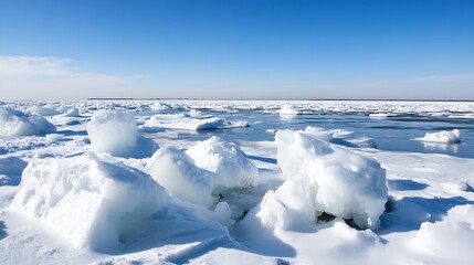 Aufkleber - Stunning winter landscape showcasing massive ice formations on a frozen sea under a vibrant blue sky.  The scene evokes a sense of cold, serenity, and the raw beauty of nature. : Generative AI