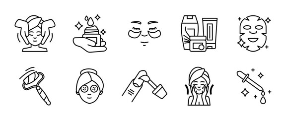 Skincare icon set. Beauty care elements including face masks, creams, rollers and cosmetic bottles. Facial treatment and wellness routine outline symbol. Spa line sign. Hygiene and self-care pictogram