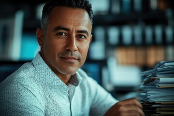 Poster - Confident middle-aged man in office setting, surrounded by paperwork.