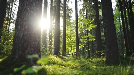 Leinwandbilder - Sunbeams illuminate a lush green forest floor, dappled sunlight filtering through tall pine tree trunks creating a serene and peaceful atmosphere. : Generative AI