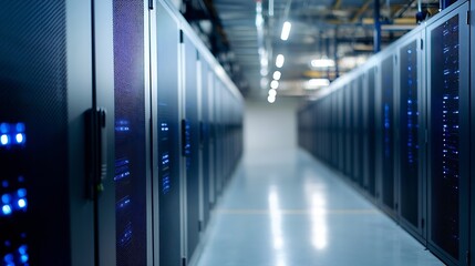 Poster - A long corridor of server racks in a modern data center, illuminated with blue lights, showcasing advanced technology and digital infrastructure. : Generative AI