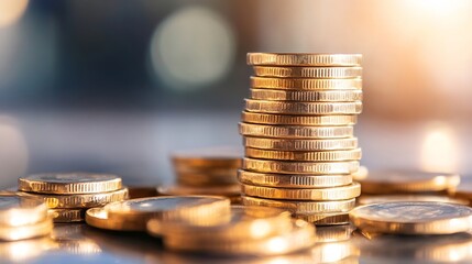 Leinwandbilder - Close-up shot of a tall stack of golden coins, with other smaller stacks of coins in the foreground, illuminated by warm sunlight. : Generative AI
