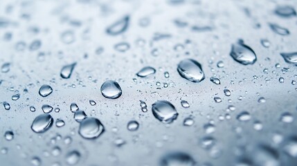 Poster - Close-up view of numerous water droplets on a cool, smooth surface, reflecting light with a subtle blue tint, creating a refreshing and tranquil scene. : Generative AI