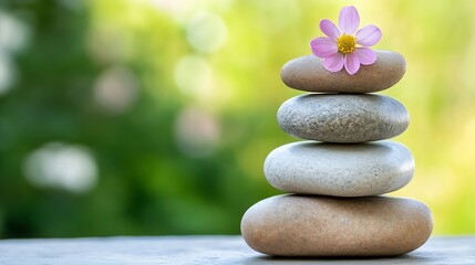 Leinwandbilder - Serene stack of four smooth stones topped with a delicate pink flower, set against a blurred green garden background, conveying tranquility and balance. : Generative AI