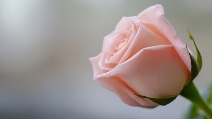Aufkleber - Close-up view of a single, light pink rose, petals softly unfurling, showcasing delicate texture and subtle color variations against a blurred, neutral background. : Generative AI