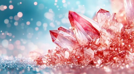 Aufkleber - Glistening red and pink crystals cluster together against a dreamy turquoise background with floating bokeh lights creating a magical scene.