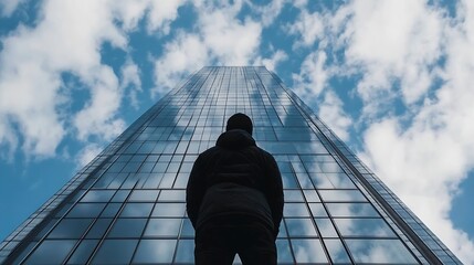 Poster - A lone figure stands gazing upward at a towering modern skyscraper, its glass facade reflecting a vibrant blue sky dotted with fluffy white clouds. : Generative AI