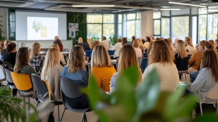 Aufkleber - Attentive audience listening to a presentation in a modern, bright office conference room.  Rows of people seated in chairs facing a large screen displaying a presentation. : Generative AI
