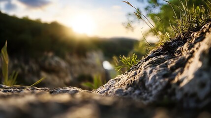 Poster - Close-up view of small plants sprouting from a rough, textured rock surface, bathed in the warm golden light of a setting sun, with a blurred background of lush green foliage and a tra : Generative AI