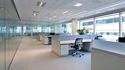 Poster - Modern office interior with sleek workstations, glass partitions, and large windows offering abundant natural light, creating a bright and efficient workspace. : Generative AI