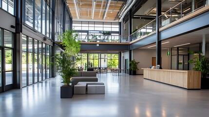 Poster - Modern office lobby interior with large windows, polished concrete floor, and contemporary furniture.  Plants add a touch of nature to the spacious, bright workspace. : Generative AI